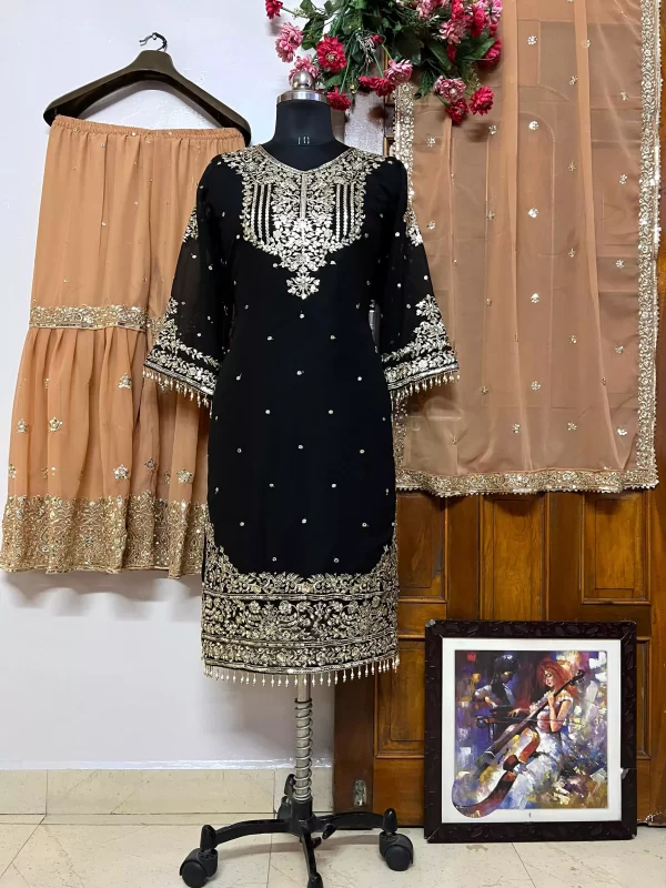 a black Elegant Georgette Kurti Sharara Set – Heavy Sequins Embroidery with Dupatta showcased from dailyimprovise