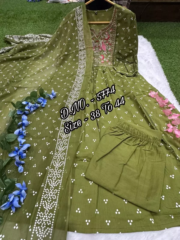 Elegant Bandhej Printed Cotton Kurti Set – Flared Embroidered Suit with Mulmul Dupatta open top from dailyimprovise