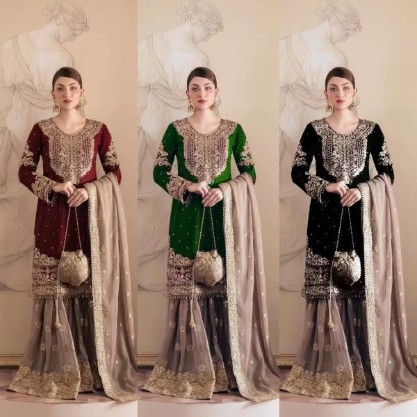 Girl wearing a three different variations of Elegant Georgette Kurti Sharara Set – Heavy Sequins Embroidery with Dupatta from dailyimprovise