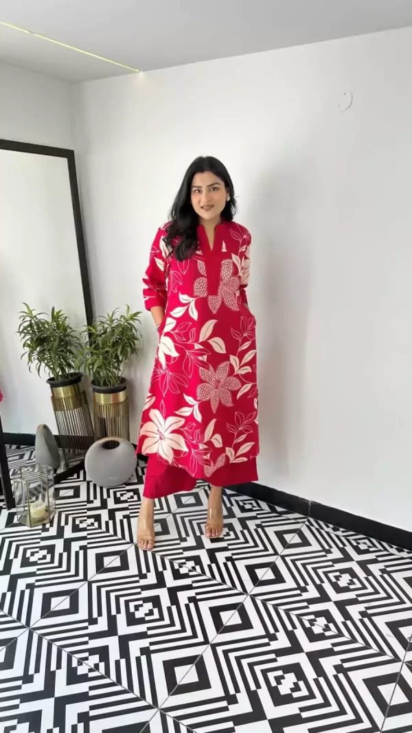 Girl wearing a pink Summer Breeze Rayon Kurti Pant Set – Cool & Stylish Ethnic Wear from dailyimprovise, and posing for photo