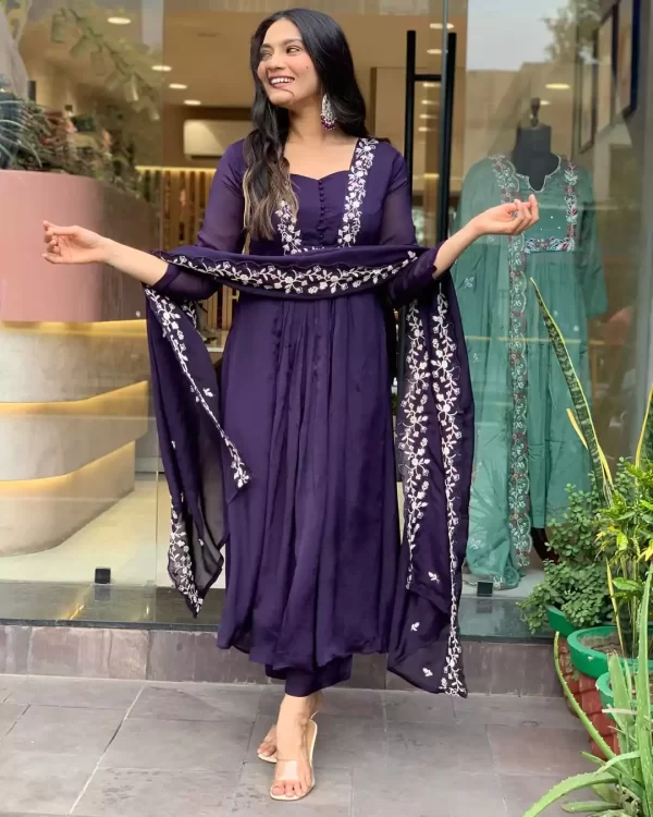 Girl wearing a Designer Anarkali Suit Set – Elegant Dora Silk Embroidered 3-Piece Outfit from dailyimprovise, and its a candid photo