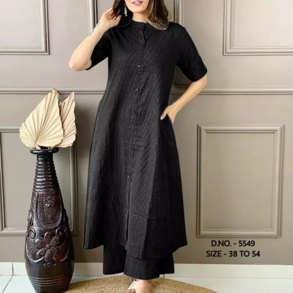 Girl wearing a black pure cotton katha long Kurti from dailyimprovise, and having a smile on her face