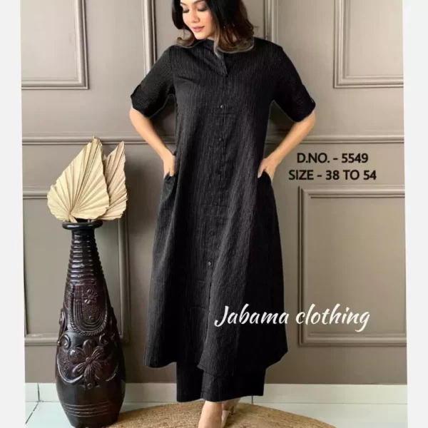 Girl wearing a black pure cotton katha long Kurti from dailyimprovise, and posing for photo