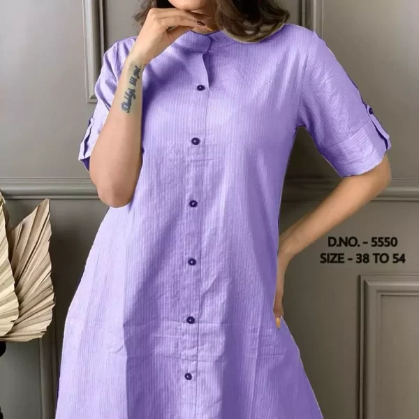 Girl wearing a purple pure cotton katha long Kurti top from dailyimprovise, and posing for photo