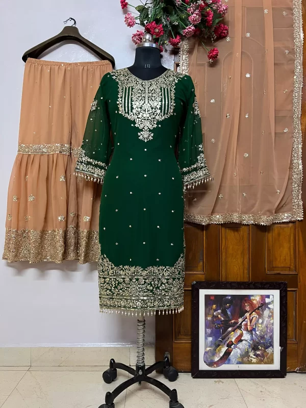 a green Elegant Georgette Kurti Sharara Set – Heavy Sequins Embroidery with Dupatta showcased from dailyimprovise