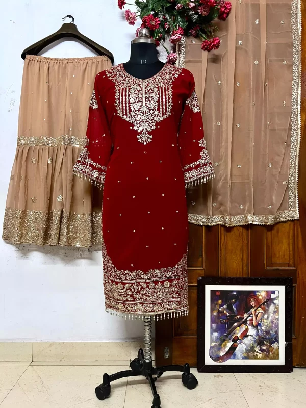 a red Elegant Georgette Kurti Sharara Set – Heavy Sequins Embroidery with Dupatta showcased from dailyimprovise