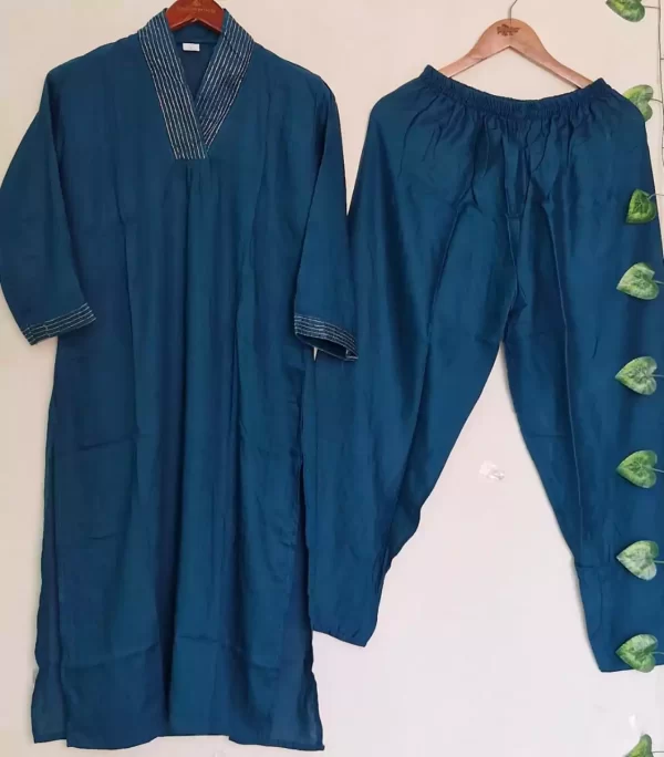 Blue open Stylish Heavy Rayon Cord-Set Suit with V-Neck & Matching Pants from dailyimprovise