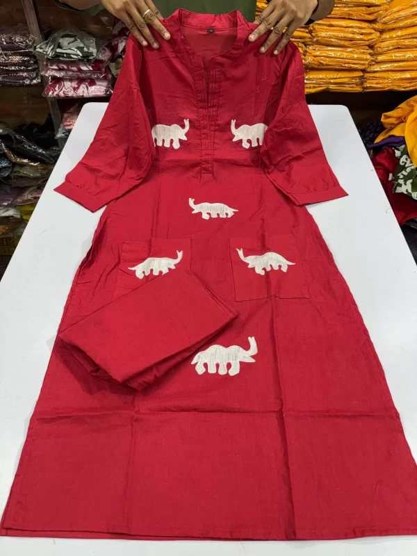 Dark Red color Regal Elephant Dhaga Embroidery Cord Set – Pure Cotton V-Neck Suit with Pockets from dailyimprovise