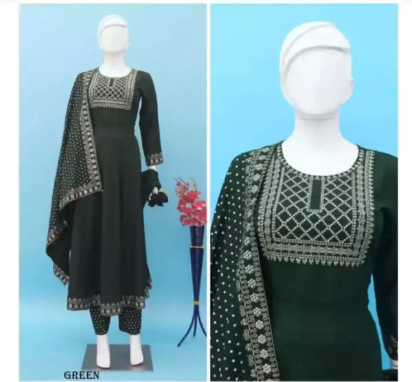 A doll wearing a green Embroidered Anarkali Kurti Set with Bandhani Pant & Dupatta from DailyImprovise