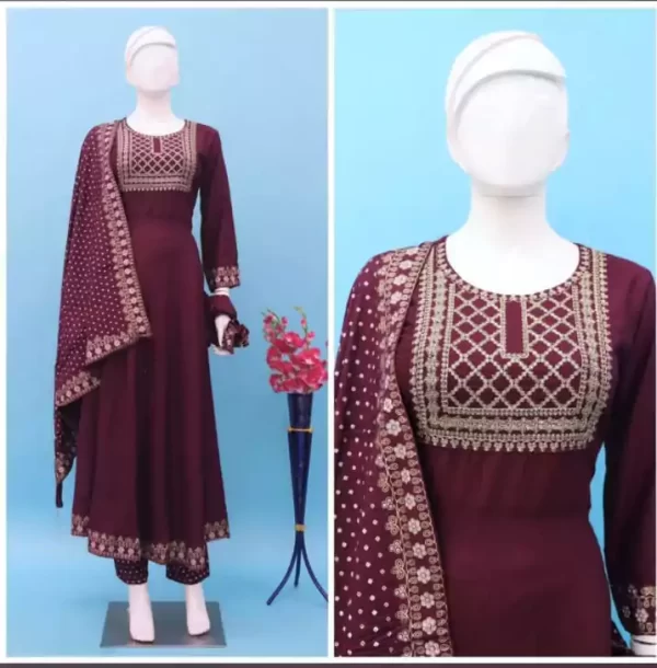 A doll wearing a maroon Embroidered Anarkali Kurti Set with Bandhani Pant & Dupatta from DailyImprovise