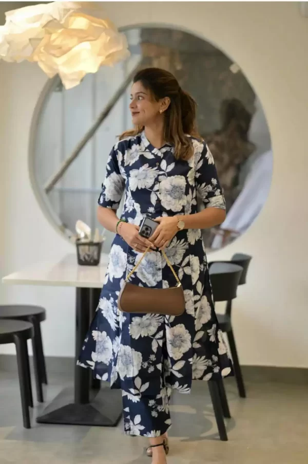 Model walking in Jaipuri floral cotton co-ord set for summer