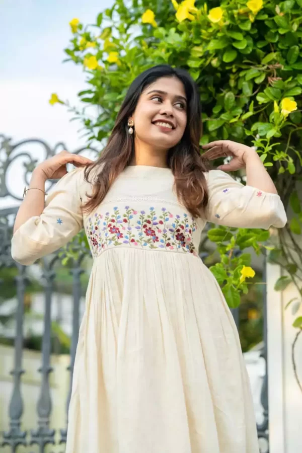 girl wearing off white rayon dress floral embroidery crochet lace from dailyimprovise