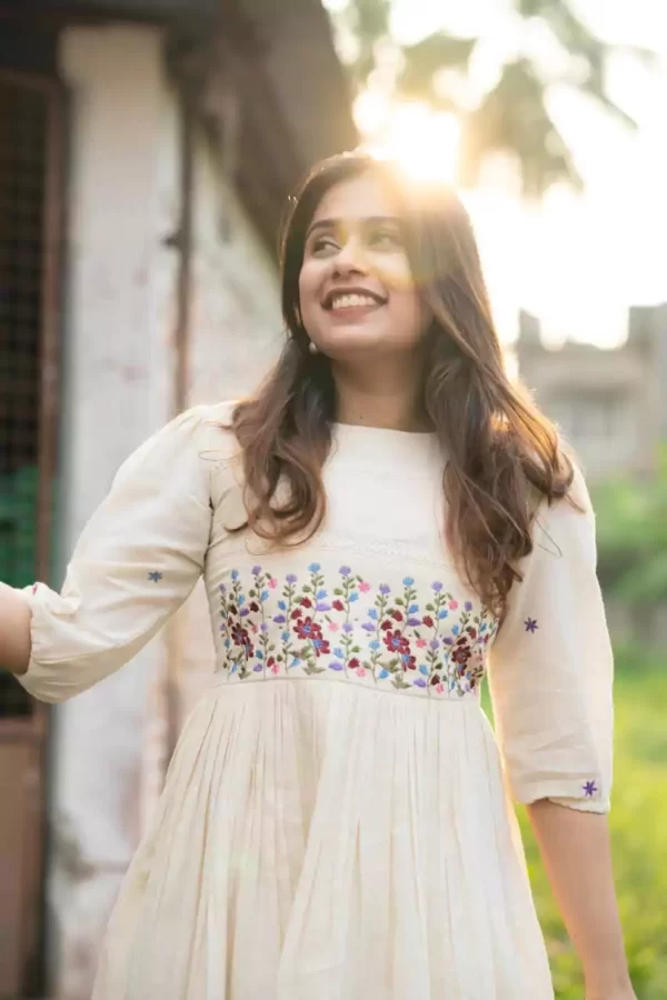 girl wearing off white rayon dress floral embroidery crochet lace sunshine from dailyimprovise