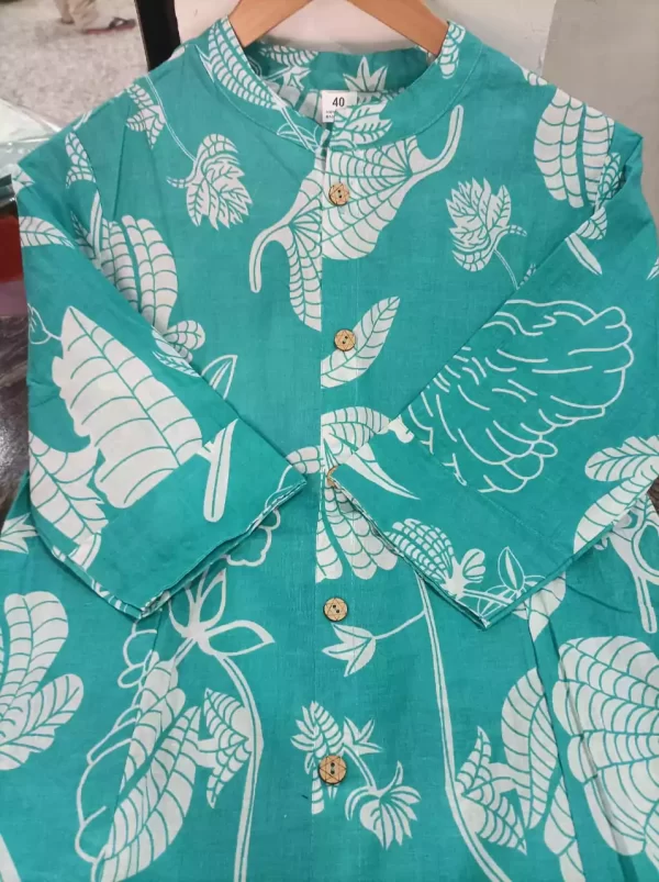 Detailed front view of green floral co-ord set in fine cotton