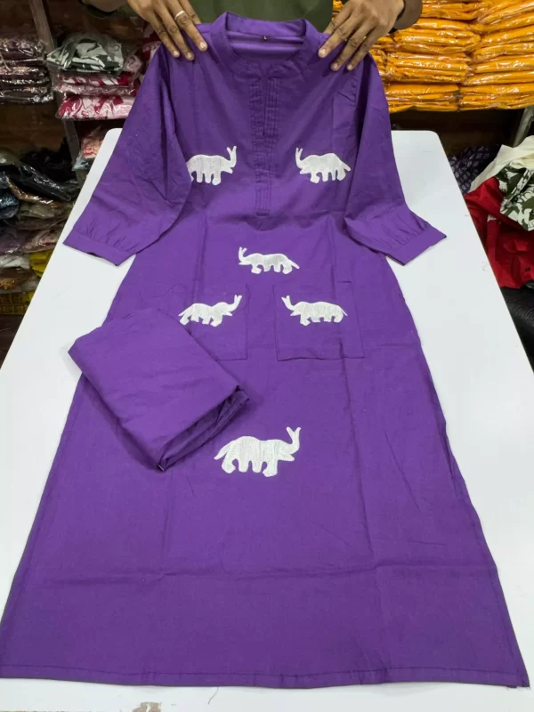Purple color Regal Elephant Dhaga Embroidery Cord Set – Pure Cotton V-Neck Suit with Pockets from dailyimprovise