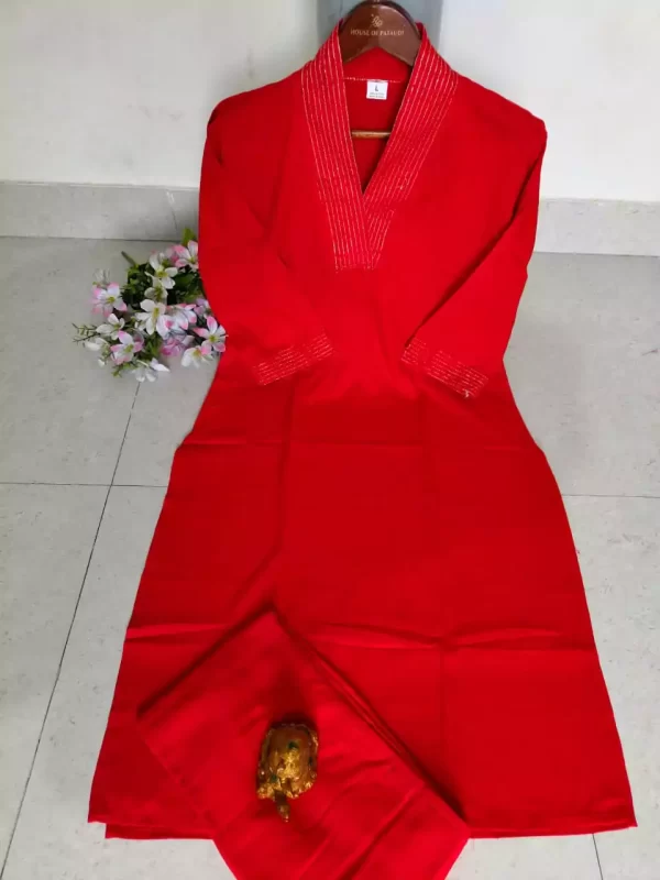 red open Stylish Heavy Rayon Cord-Set Suit with V-Neck & Matching Pants from dailyimprovise