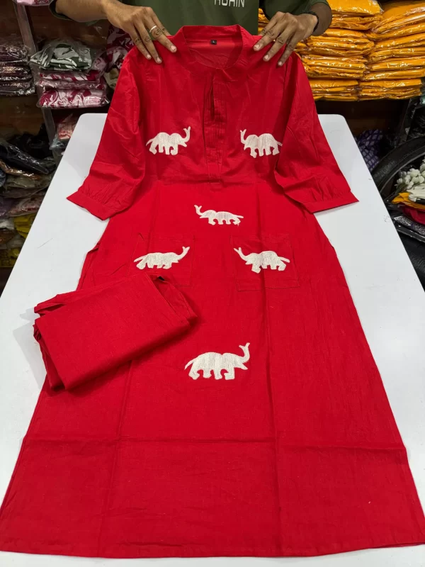 Red color Regal Elephant Dhaga Embroidery Cord Set – Pure Cotton V-Neck Suit with Pockets from dailyimprovise