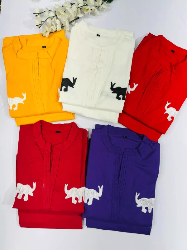 Five different color variations of Regal Elephant Dhaga Embroidery Cord Set – Pure Cotton V-Neck Suit with Pockets from dailyimprovise